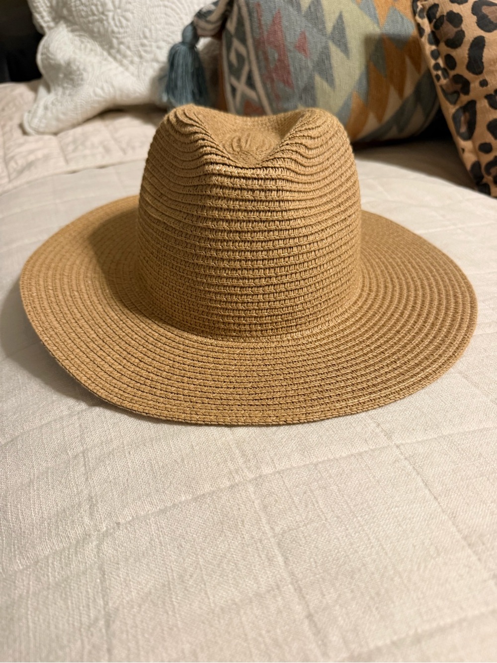 Woven Straw-Look Fedora Hat in Camel